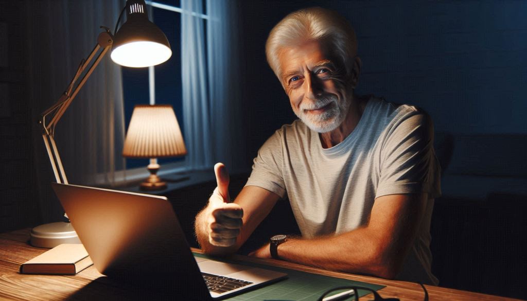 Der Bild wurde von KI generiert. Es zeigt einen älteren Mann mit Bart, der vor einem Laptop sitzt mit 'Daumen hoch'.
