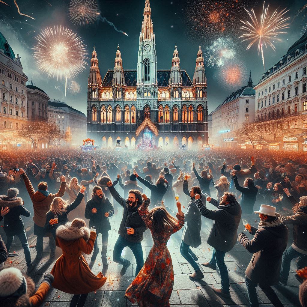 Das Bild das Rathaus in Wien mit einem Feuerwerk und im Vordergrund tanzende Menschen. Das Bild wurde mit KI erstellt.