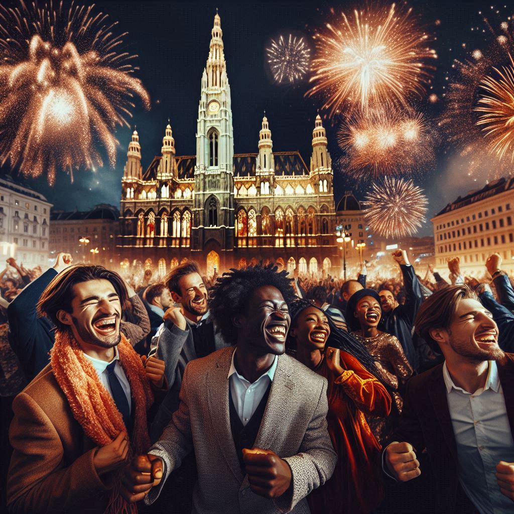 Das Bild das Rathaus in Wien mit einem Feuerwerk und im Vordergrund tanzende Menschen. Das Bild wurde mit KI erstellt.