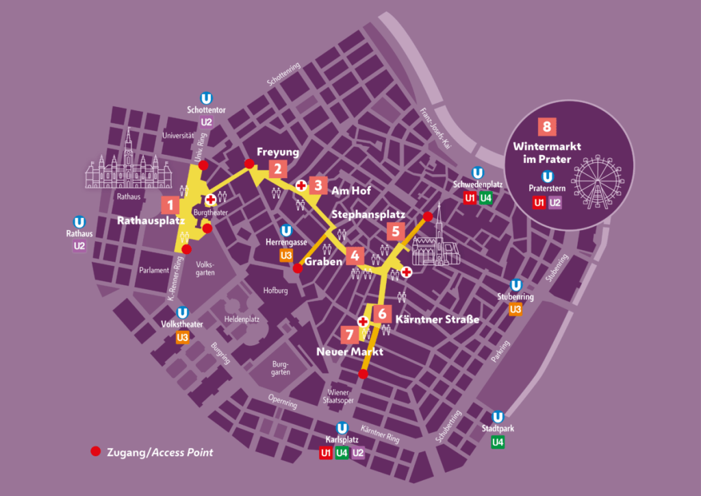 Stadtplan der Innere Stadt (1010 Wien) mit eingezeichneter Route für den Silvesterpfad.