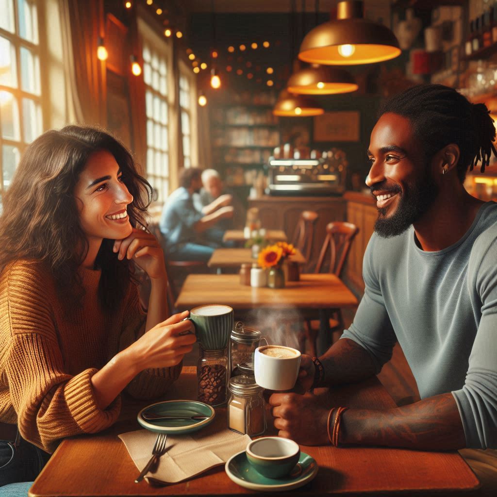 Dieses Bild wurde mit/von KI erstellt. Es zeigt eine Unterhaltung zwischen zwei Menschen in einem Cafe, die beiden trinken Kaffee.