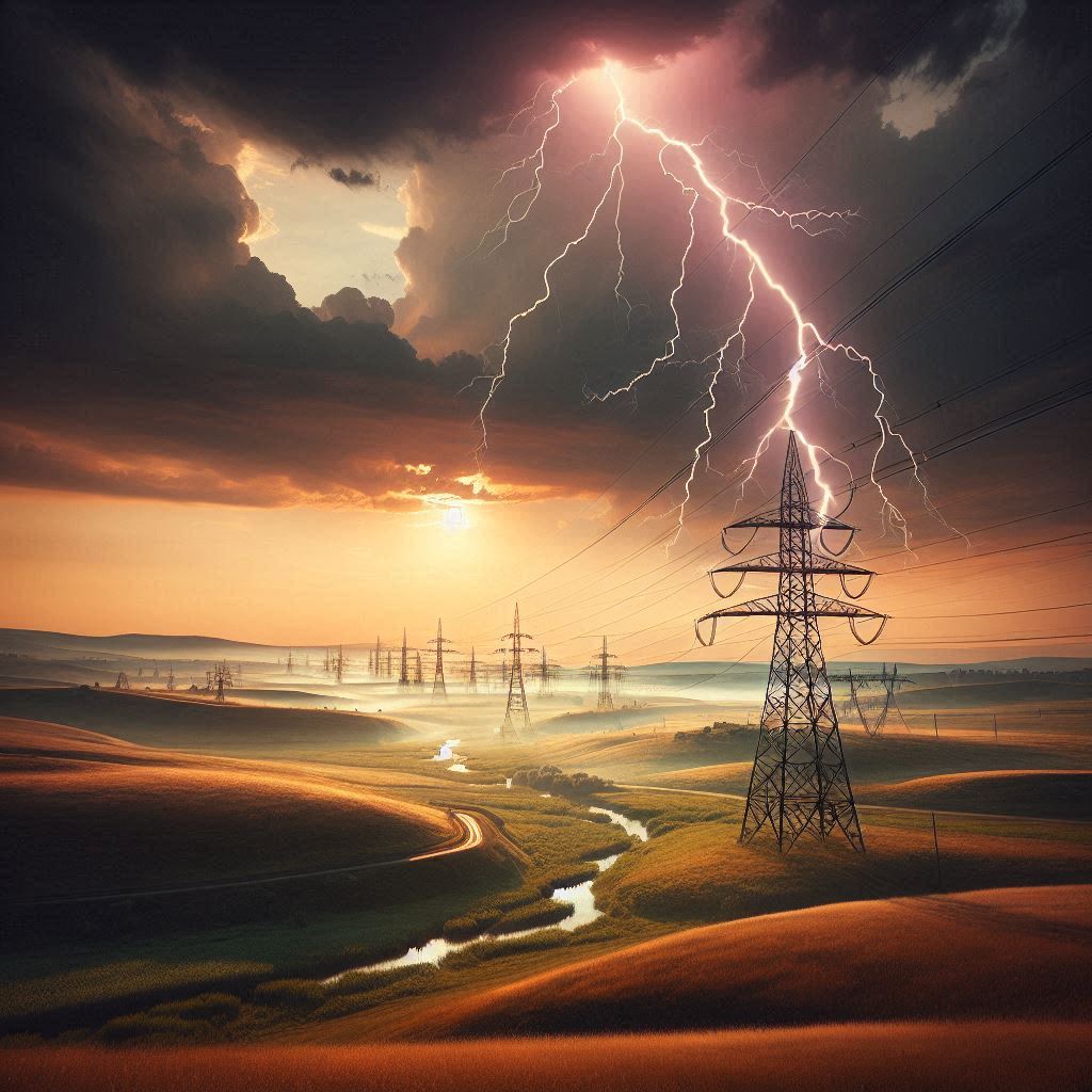 Das Bild zeigt eine Hochspannungsleitung über Felder und Wiesen, zuckende Blitze. Das Bild wurde mit/von KI erstellt.