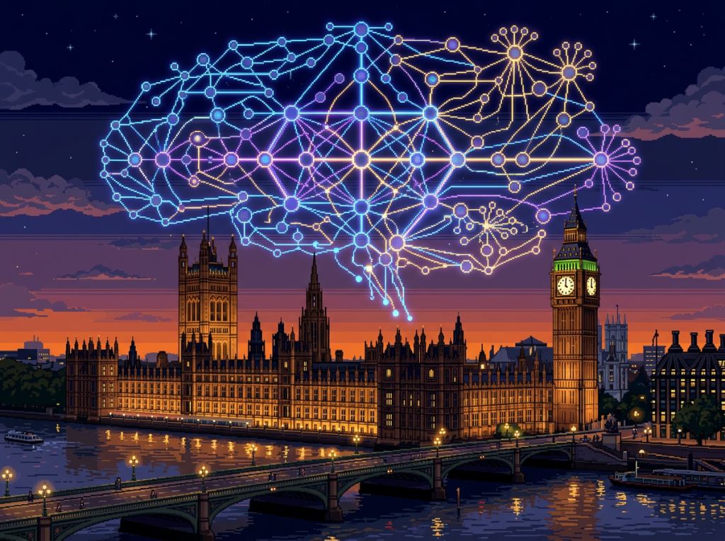 Neural network illustration in brain shape above London’s Palace of Westminster and Big Ben at sunset