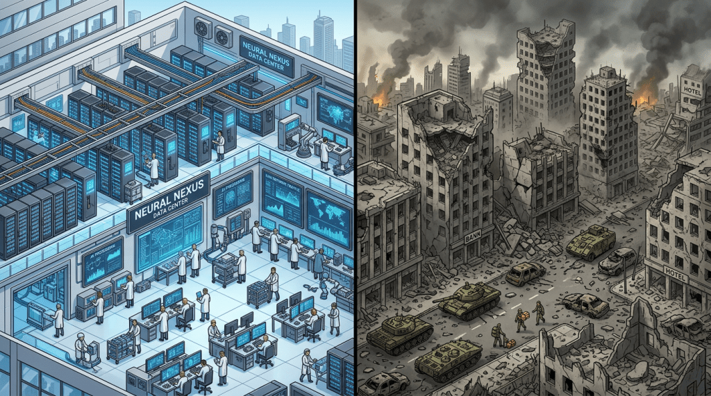 Modern data center with scientists and computers contrasted with war-torn city with tanks and destroyed buildings