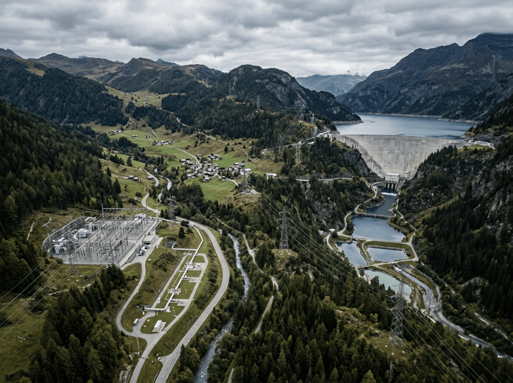 Aerial view of an alpine valley with village, dam, reservoirs, and power station