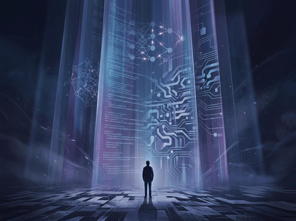 Silhouette facing towering walls of code, networks, and circuit patterns